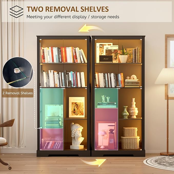 7-Tiers 71" Tall Display Cabinet with Glass Doors & Human Body Sensor-Black | 71inch Tall, 7+5 Color Lights, Fits Different Height Collectibles, Safety Lockable Keys, 4mm Thickened Glass, Easy Assembly