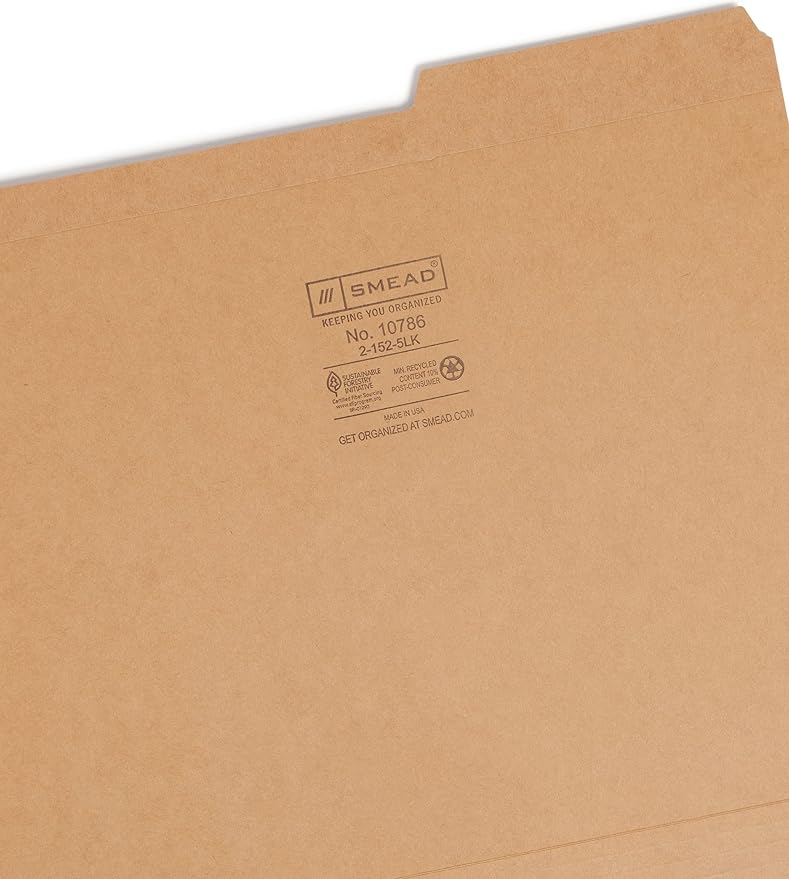 Smead File Folder, Reinforced 2/5-Cut Tab Right Position, Guide Height, Letter Size, Kraft, 100 per Box (10786)