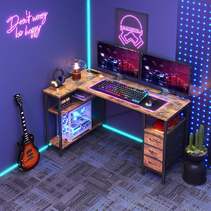 DUMOS L Shaped Desk with Drawers, Gaming Desk, 55 Inch | Power Outlet, Study Table, Adjustable Shelves, Home Office, Corner Computer Workstation, Bedroom, Rustic