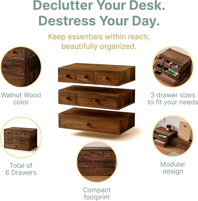 Stackable 3-Piece Set - Wood Desk Organizer with Drawers – Desktop Organization for Office, Crafts, Makeup, Sewing, Emboridery DMC Floss & Small Accessories – Rustic Storage Box with 6 Slots