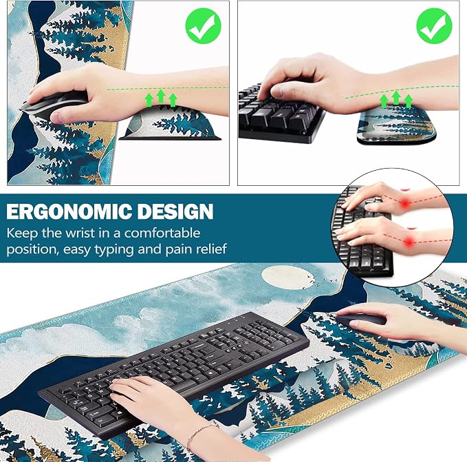 Large Gaming Mouse Pad Set, Keyboard Wrist Rest Support + Mouse Wrist Cushion + Extended Mousepad + Coaster, 35x15.5in Multifunctional Desk Mat, Abstract Mountain
