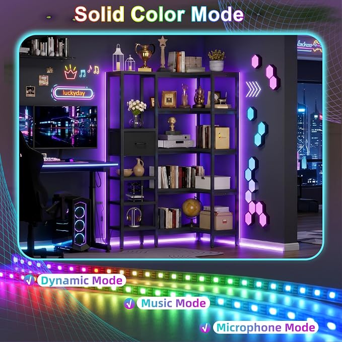 L-Shaped Corner Bookshelf with LED Light Strips & Fabric Drawers, 5-Tier Industrial Convertible Book Shelf Freestanding Display Shelf for Living Room,Home Office,Bedroom (Black)