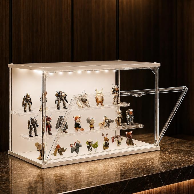 Clear Display Case for Collectibles, 3-Tier Adjustable Figure Display Case with LED Light, Stackable Acrylic Showcase with Magnetic Door for Model Figures, Jewelry & Collectibles (White)