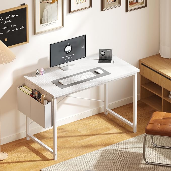 OLIXIS Computer Desk, 44 Inch Gaming Desks for Home Office Small Spaces | Writing Study Craft Work Table, Computer Workstation for Bedroom with Storage Bag, All White