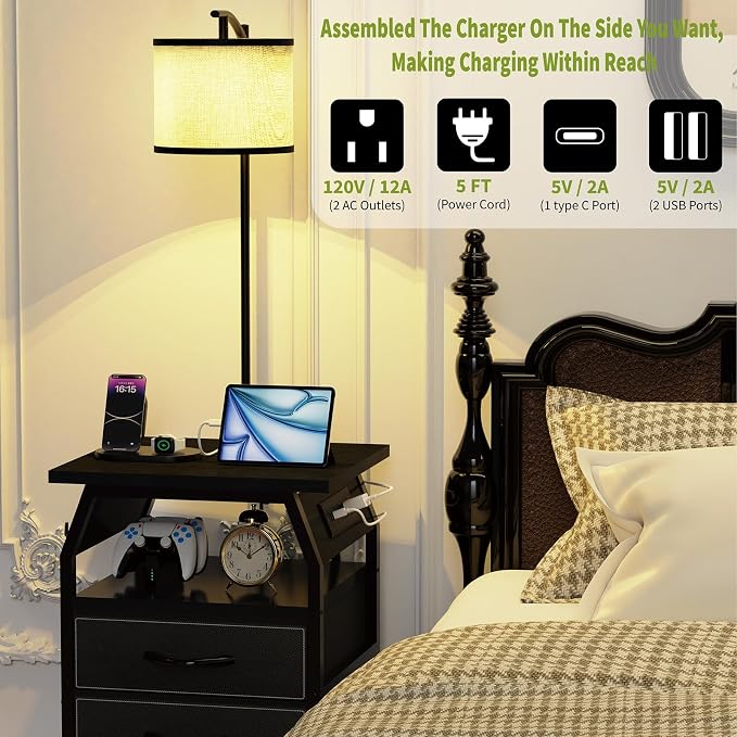 runjuly Floor Lamp with Table Set of 2, End Tables with Lamps Attached 3-Color Temperature Bulb, Side Table with Lamp with 3 Drawers & Charging, Lamps Tables Combo for Bedroom, Dorm - Black