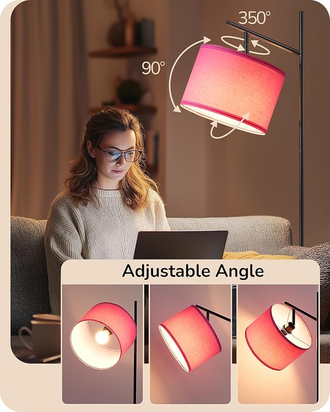 EDISHINE Pink Modern Floor Lamps for Living Room, 64.7" Arc Standing Lamp | 3CCT LED Bulb Included, Adjustable Linen Shade, Foot Switch, Tall Light for Office, Bedroom, Living Room
