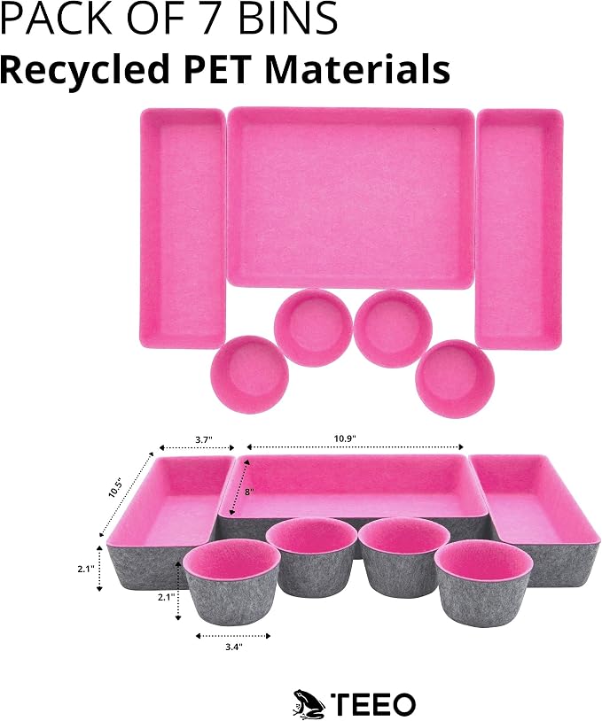 Teeo - Desktop Storage Drawers - Makeup Organizer Drawers - Office Drawer Organizer Tray - Pink Organizers and Storage - Home Desk Bins Dividers Box Compartment Organization - Pack of 7, Hot Pink