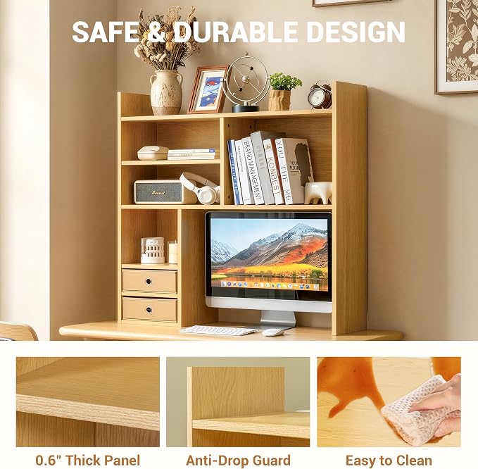 deli Desktop Bookshelf, High-Capacity Desk Hutch Organizer, Natural | with 7 Shelves and 2 Drawers for Computer Desk, Desk Shelf Organizer for Dorm Office Home