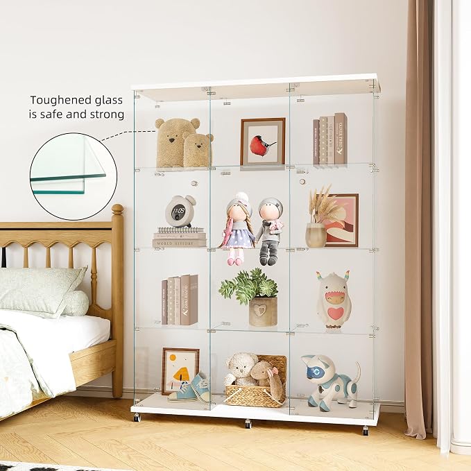 FLYMUHJIA Curio Cabinets with Glass Doors Modern Glass Shelves Tempered Glass Display Cabinet with Lock Figure Display Case (4-Shelf 3-Door, White)