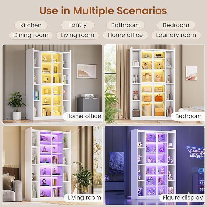 SEDETA 71" Tall 6-Tier Display Cabinet with Doors and Adjustable Shelves | Display Cases for Collectibles,Curio Cabinet with LED Lights & Acrylic Glass Doors for Bedroom Living Room Office,White