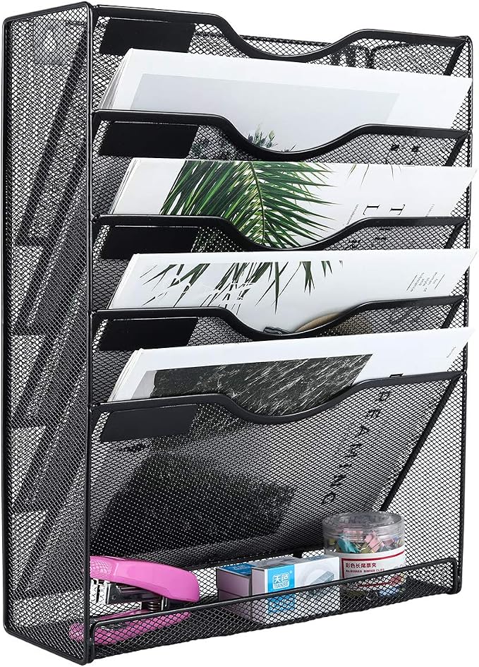 EasyPAG 5 Tier Wall File Holder Mesh Hanging Folder Organizer with Classify Label, Versatile Desk File Holder, Vertical Wall Mounted Mail Organizer for Office Home Cubicle, Black, Closed Sides