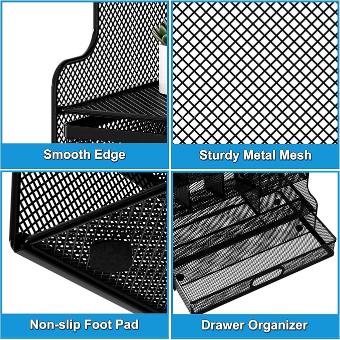 Desk Organizer with Drawer, Mesh Marker Pen Holder for Desk, 13 Compartments Stationery and Art Supplies Organizer, Office Accessories and Workspace Storage Rack, Black
