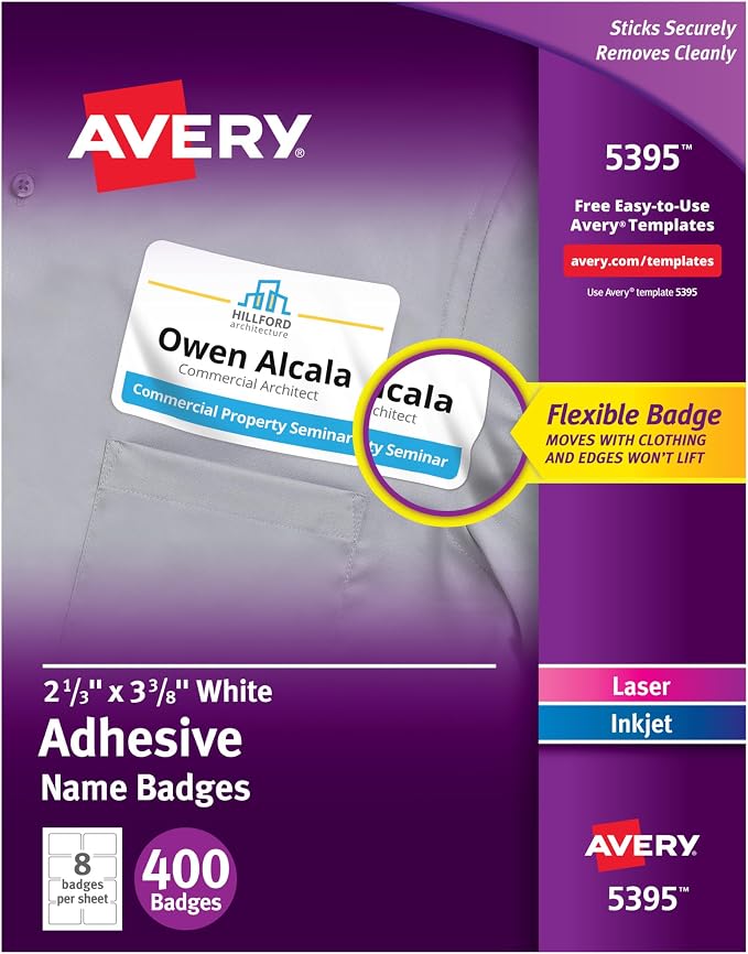 Avery® Flexible Printable Name Tags, 2-1/3" x 3-3/8", Matte White, 400 Removable Name Badges for Laser and Inkjet Printers (5395)