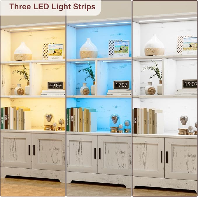 IDEALHOUSE Wood Bookcase with Doors White Bookshelf with LED Lights Modern Storage Rack 3 Shelf Standing Bookshelves Large Display Shelf Unique Book Shelf for Bedroom, Living Room, Home Office