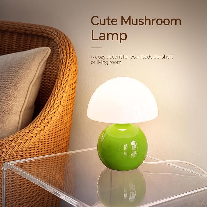 Mushroom Lamp Table Lamp for Bedroom-Small Desk Table Lamps,Green | 8.7" Mid Century Modern Table Lamps for Living Room Bedroom Decor,Cute Ceramic Lamps for Mushroom Home Room Decor,Glass Shade