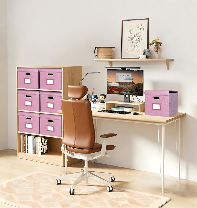 2 Pack Hanging File Folder Box with Lid, Durable Letter Size Filing Storage Box, Sturdy File Holder with Cardboard Support PVC Rails for Office Home Organizer, Pink