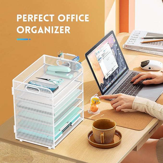 6 Tier Desk Organizer with 4 Pen Holders & Mesh Paper Trays White | 6 Tiers Paper Organizer, File Organizer Letter Tray with Handle for A4 Files, Folders, Mail and Office Supplies