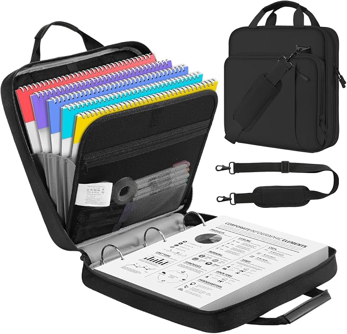 MoKo Zipper Binder, 2 Inch 3 O Ring, 5 Tab File Folders, 500 Sheets, Black | Water-repellent 900D Oxford with five file pockets, two mesh pockets, a handle and padded shoulder strap.