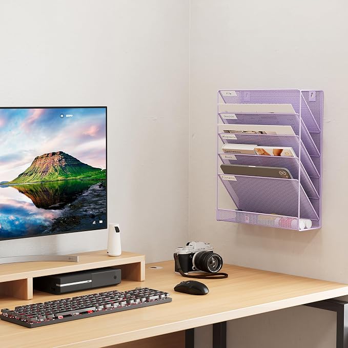 EasyPAG 5 Tier Wall File Holder, Mesh Hanging Folder Organizer with Classify Label, Versatile Desk File Holder, Vertical Wall Mounted Mail Organizer for Office Home Cubicle, Purple