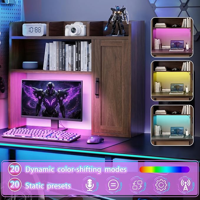 Desktop Bookshelf, Desk Hutch with RGB LED Lights & Power Outlets | 37" Desk Hutch Organizer with Storage Cabinet Desktop Storage Shelf for 27" Monitor, Tabletop Bookcase for Dorm Office Home