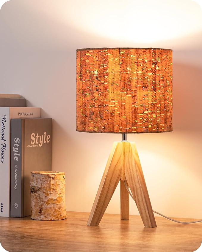 EDISHINE Small Table Lamp, Wood Tripod Nightstand Lamp, Bark Linen Shade | 14.2 Inch, Farmhouse Bedside Lamp for Nursery, Bedroom, Kids Room, Office, Reading Desk, E26 Socket, ON/Off Switch