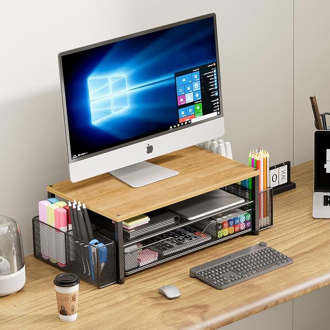 Desk Organizers and Accessories, Computer Monitor Stand Riser with Drawer and 2 Pen Holders, Printer & Laptop Stand, Office Desk Accessories & Workspace Organizers for Home Office Supplies, Oak