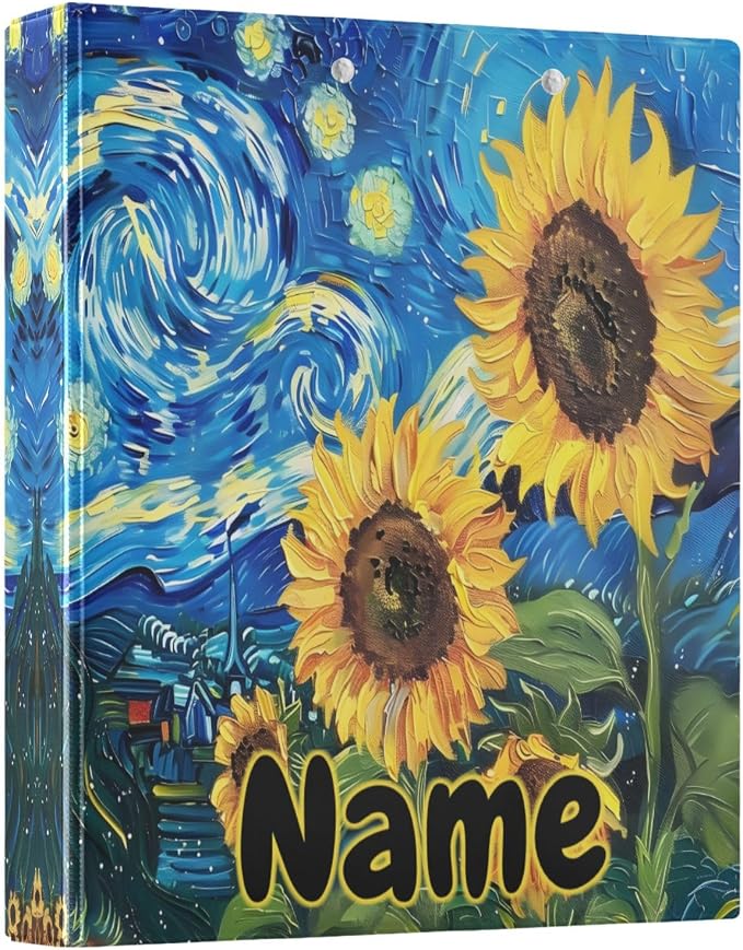 Custom 3 Ring Binder Sunflowers Starry Sky Night 1.5" Round Ring Binders Personalized Name View Binder with 200 Sheet for Kids School Supplies Women Men Office, 1 Pack
