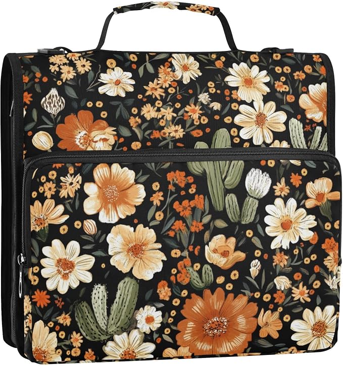 Western Desert Boho Floral Zipper Binder with Shoulder Strap Bag 3 Ring Binder Organizer Large Capacity Multiple Compartments for School Office