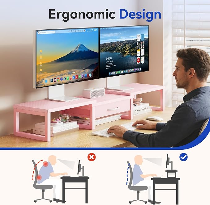 Desk Organizers and Accessories, Dual Monitor Stand Riser with Drawer, Computer Monitor Stand, Adjustable Desk Shelf for PC Laptop Printer TV, Pink