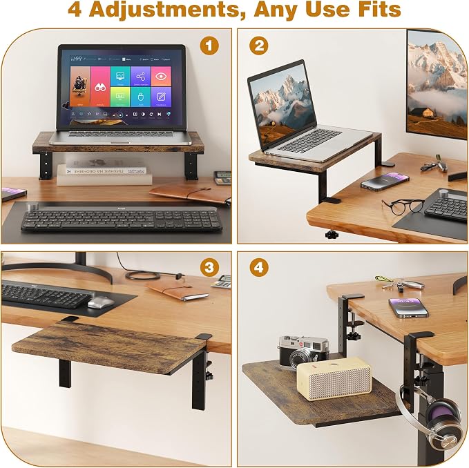 Desk Extender, 15-inch Clamp-On Desk Shelf, Height-Adjustable Desktop Shelf Organizer for Monitors Office and Gaming Accessories, Arm Support Table Extension, 44lbs Heavy Duty, Dark Brown