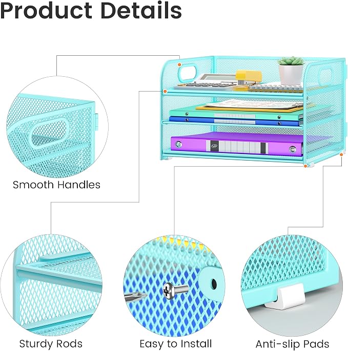 Cawukege 3 Tier Paper Organizer with Handle, Metal Desk Organizer Mesh Paper Letter Tray Desktop File Folder Document Sorter for Classroom, School, Office Accessories Storage (1, Blue)