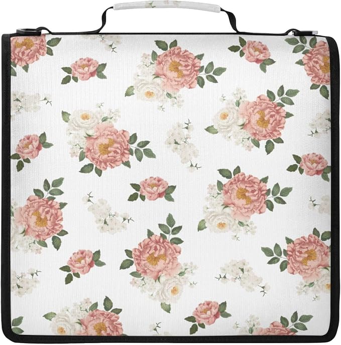 Floral Flowers Zipper Binder File Organizer Bag 3 D-Ring | with Shoulder Strap, Holds 500 Sheets & 14in Laptop, 3 Ring Binder for Office Supplies