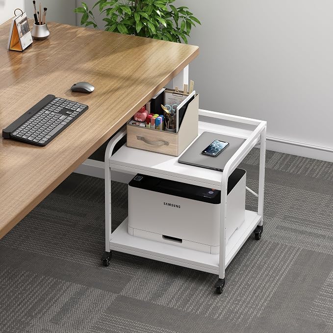 Fannova Large Printer Stand for Under Desk Storage, Adjustable Top Shelf | Table Top 20"x20", Fits 3D/Laser Printer, Easy Roll Industrial Wheels, Heavy Duty 2 Tier Printer Cart for Home Office, White
