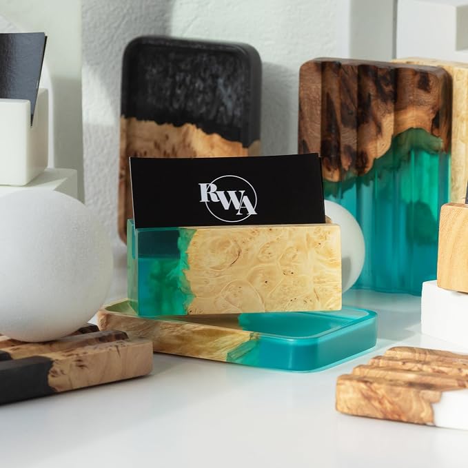 RWA Business Card Holder for Men & Women - Handcrafted Epoxy & Wood, Stylish & Durable Business Card Organizer, Premium Business Card Holders Desk Accessory for Professionals - ELEMENT aqua/maple