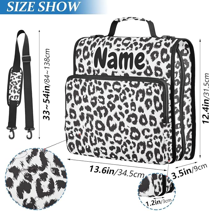 Custom Black and White Leopard Print 3 Ring Binder Bag 1.5 inch Personalized Name Binder Organizer 500 Sheet Documents Storage for School Office