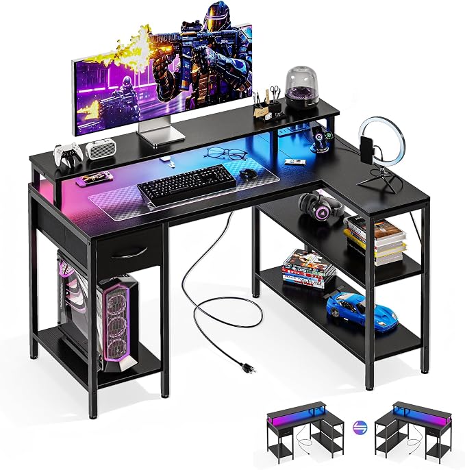 DUMOS Gaming Desk, Monitor Stand, LED Lights, Storage Shelves | USB Charging Ports, Power Outlets, Reversible L Shaped Corner, Small Spaces, Black
