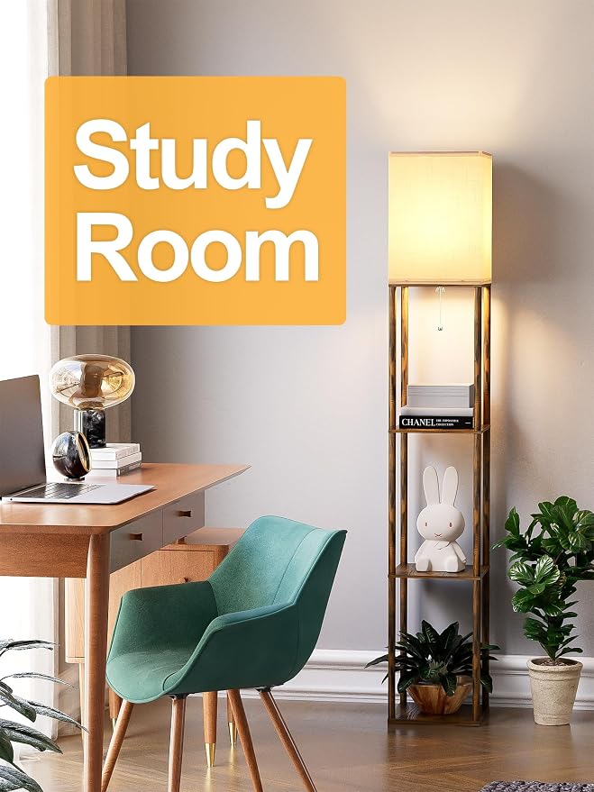 Floor Lamp with Shelves for Living Room 2 Pack, Shelf Floor Lamp with 3 CCT LED Bulb, Corner Display Standing Column Lamp Etagere Organizer Tower Nightstand for Bedroom, Rustic Brown