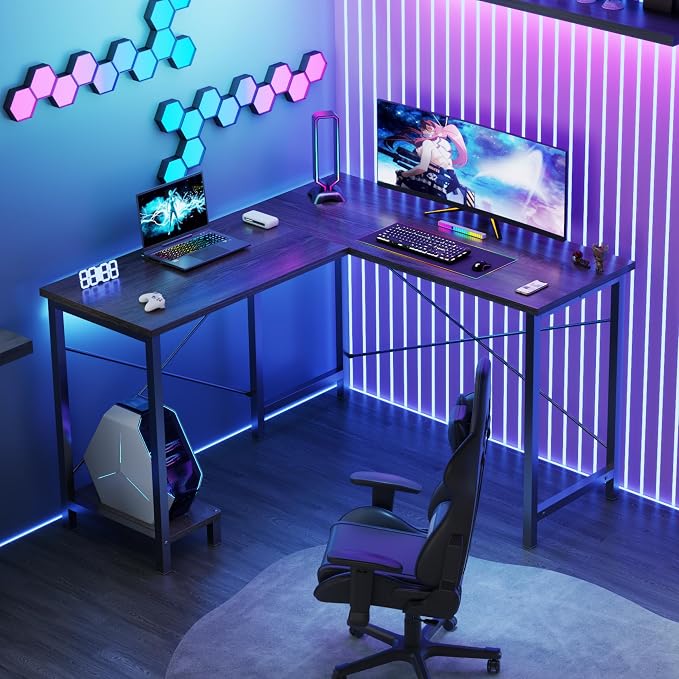 DUMOS 50-Inch Reversible L Shaped Desk with CPU Shelf, Grey | Computer Desk with Sturdy Metal Frame, Corner Gaming Desk, Home Office Desk for Study, Writing and Work, Sturdy Modern Design