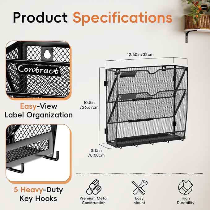 3-Tier Wall File Organizer with Hook, Hanging File Organizer Black | Wall-mounted mail storage holds papers, folders, files, clipboards and magazines, assembly required for office or home use.