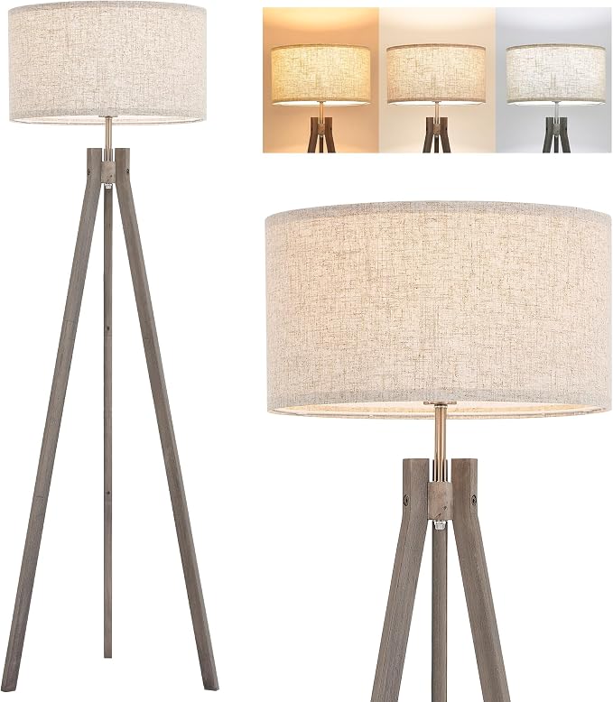 ELYONA Farmhouse Wood Tripod Floor Lamp, Modern Reading Standing Lamp with 3 Color Temperatures LED Blub & Nature Linen Shade, Night Light for Living Room, Bedroom, Study Room, Office, Grey