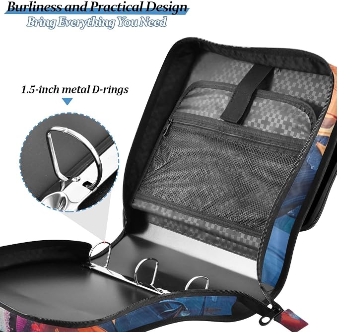 Mountain Wolf Colorful Zipper Binder with Shoulder Strap Bag 3 Ring Binder Organizer Large Capacity Multiple Compartments for School Office