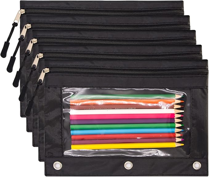 Pencil Pouch for 3 Ring Binder, Large Pencil Case with Clear Window, Metal Zipper Binder Pencil Pouches Fit Standard Binders, Durable Organizer for Office School Supplies Black 5 Pack