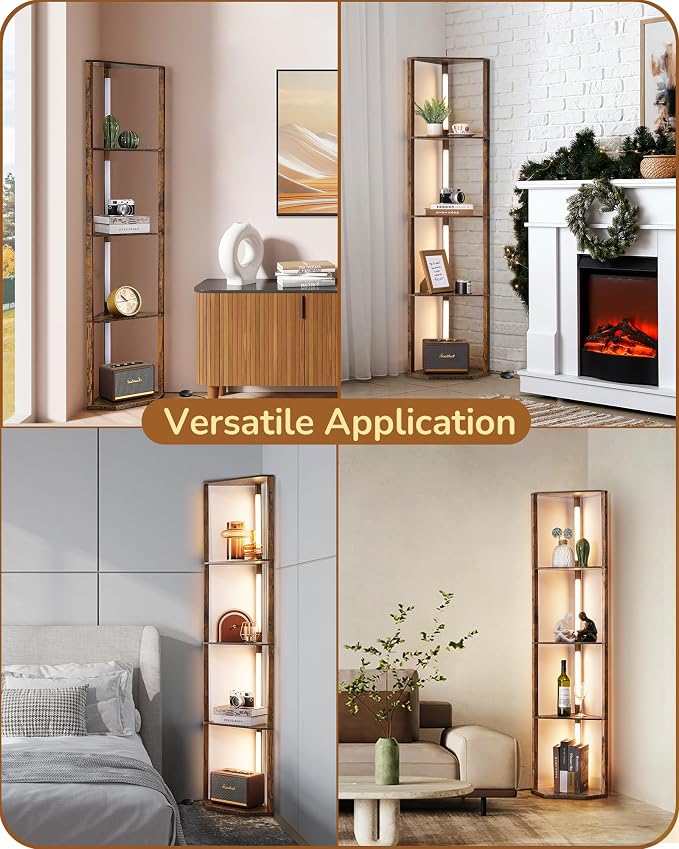 EDISHINE 64'' Corner Shelf Floor Lamp, 3CCT, Corner Floor Lamp, Burlywood | Stepless Dimmable, Foot Switch, 4-Layer Shelf, for Living Room, Bedroom, Apartment, TV Stand, Entryway Table, Conference room