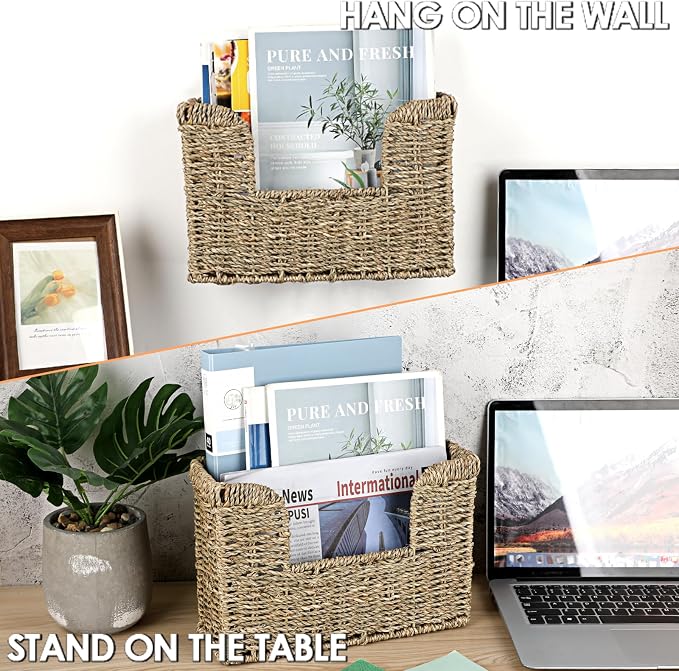BTSKY Woven Hanging Magazine Holder, Seagrass Magazine Basket, Wall Mounted Storage Basket for Books & Files, Wall File Organizer Magazine Rack with Handle for Home & Office - 12x4.3x7.9 Inch