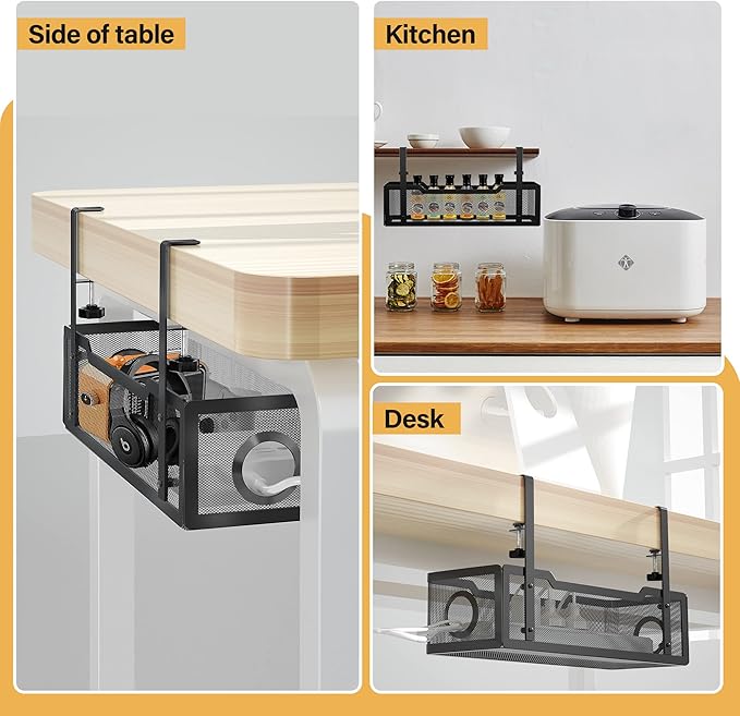 Under Desk Cable Management Tray Black, Cinati Wire Organizers No Drill, Cable Tray with Clamp for Wire Management, Cord Organization Box for Office, Home - No Damage to Desk