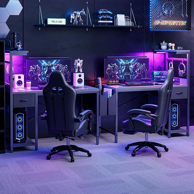 Grandder Gaming Desk 55 Inch with Power Outlet and LED Light, Computer Desk with Reversible Shelves and Storage Drawer, Pc Small Desk for Home Office Table with Bag, Carbon Fiber Grey
