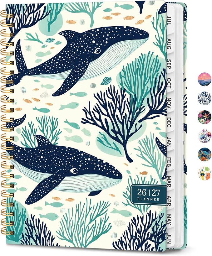 Planner 2026-2027, Academic Year Monthly & Weekly Planner Caledndar, July 2026 - June 2027, Hardcover Large Planning Agenda Book with Tabs for School Office Supplies, 8.5" x 11" - Drifting Whales