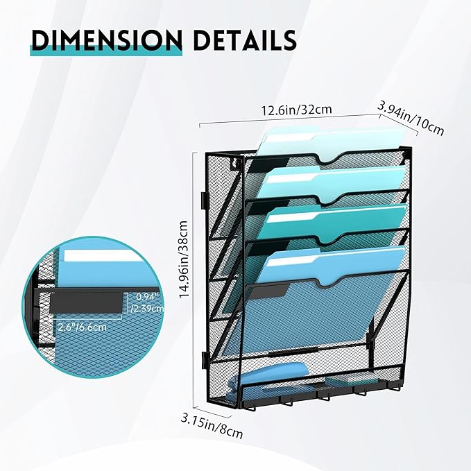 5-Tier Wall File Organizer and Mail Organizer with 5 Hooks, Black | Label slots, curved openings, 5 key hooks, and a bottom tray support organized mail, file, and everyday item storage.