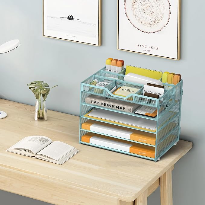 5 Tier Paper Letter Tray Desk Organizer with Pen Holders - Blue | Features 3 pen holders and 4 removable dividers.Versatile mesh desktop storage for mail, document,office supplie