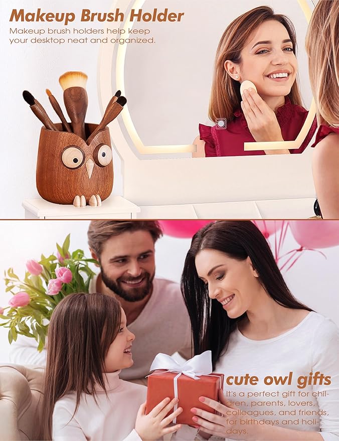 Solid Wood Owl Pen Holder for Desk with Magnetic Spinning Eyes, Funny Pencil Holder, Cute Desk Accessories, Home Office Decor, Gift for Teachers, Coworkers, Friends & Family